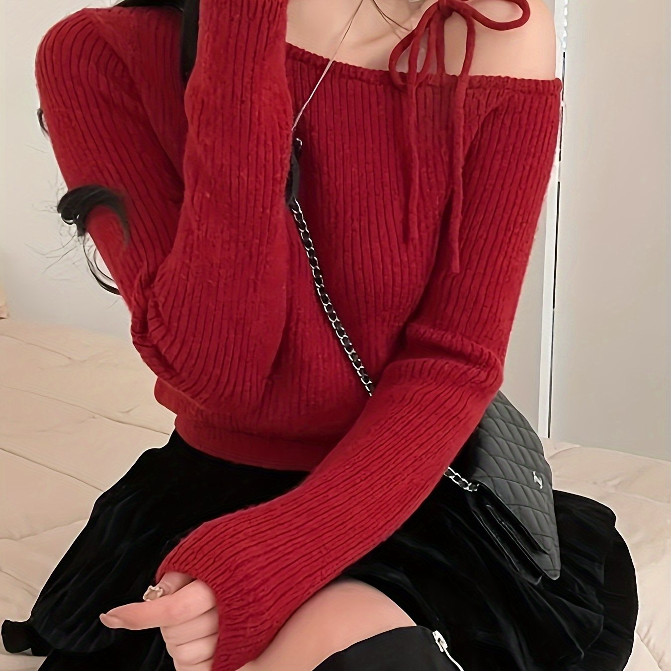 Women's Sexy Off-Shoulder Slim Fit Long Sleeve Sweater - Red Ice-Sliky Fiber Mid-Stretch Top, Machine Washable Chic Pullover for Fall Winter, Korean-Inspired Design