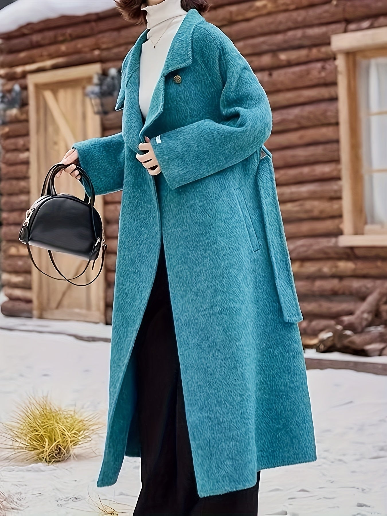 Elegant Teal Wool Winter Coat for Women - Double-Sided Nylon, Long Sleeve with Belt, Buttoned Turtleneck Collar, Ribbed Cuffs, Perfect for Cold Weather Outdoor Style