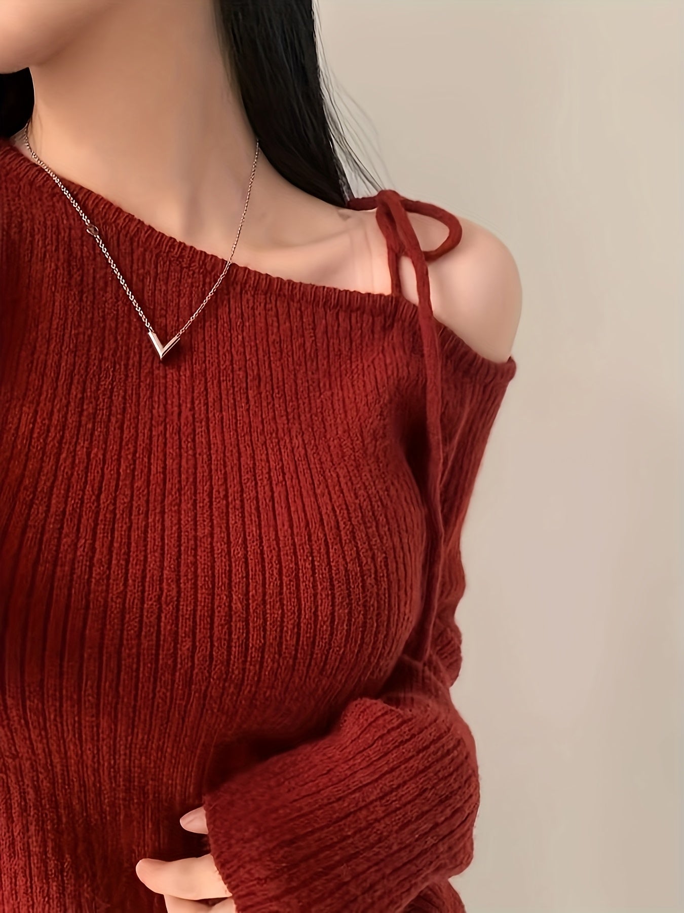 Women's Sexy Off-Shoulder Slim Fit Long Sleeve Sweater - Red Ice-Sliky Fiber Mid-Stretch Top, Machine Washable Chic Pullover for Fall Winter, Korean-Inspired Design