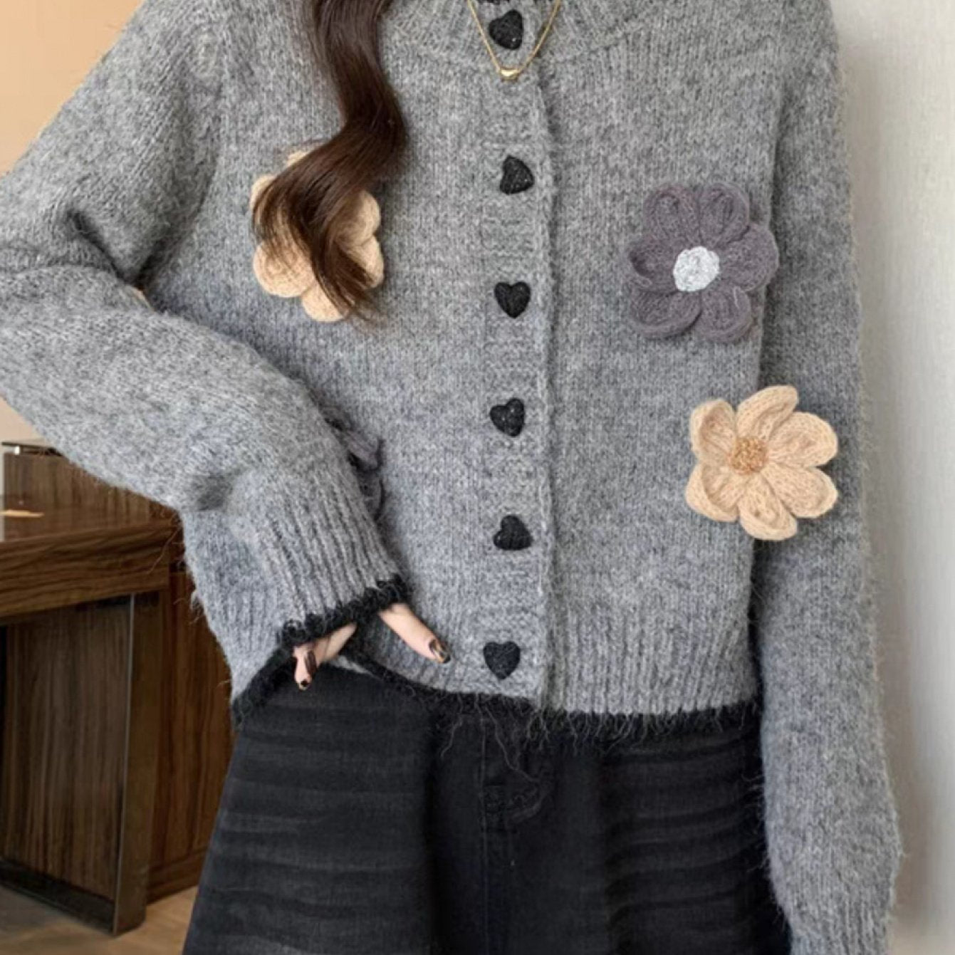Women'S Elegant V-Neck Cardigan - Soft Gray Sweater with Floral Embellishments, Long Sleeve, Button-Up Front, Perfect for Autumn\u002FWinter, Casual & Formal Wear, Sweater Cardigan