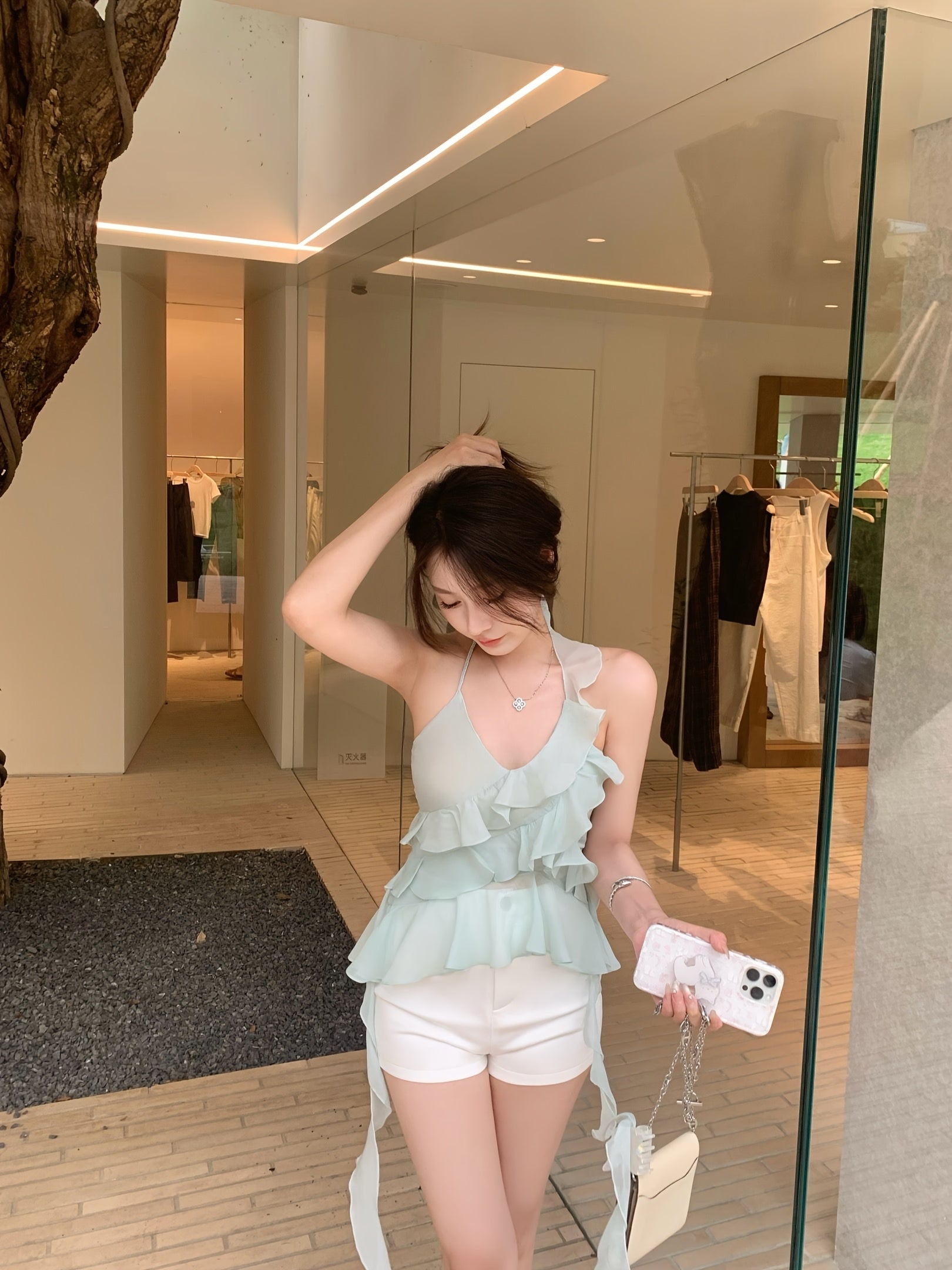Mint green ruffled chiffon suspender vest for women wearing summer Thai pure sweet hot halter neck strap top