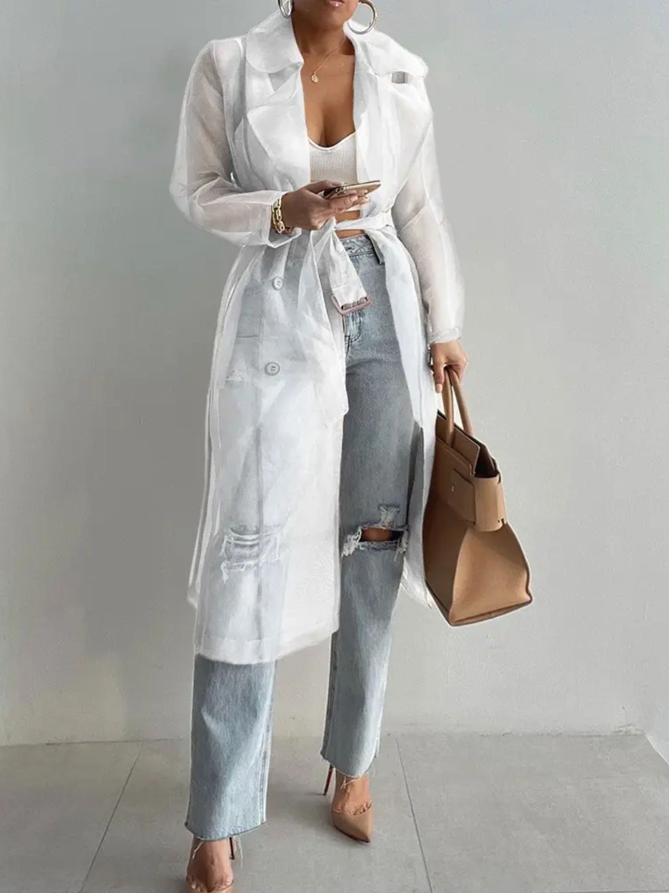 Women'S Elegant Solid Color Double-Breasted Belt Trench Coat Jacket - Long Sleeves, Button- Shirt, Spring Jacket with Golden Buttons, Casual Fashion Style, Regular Fit, Spring Jacket|Y2K Style Jacket|Durable Jacket