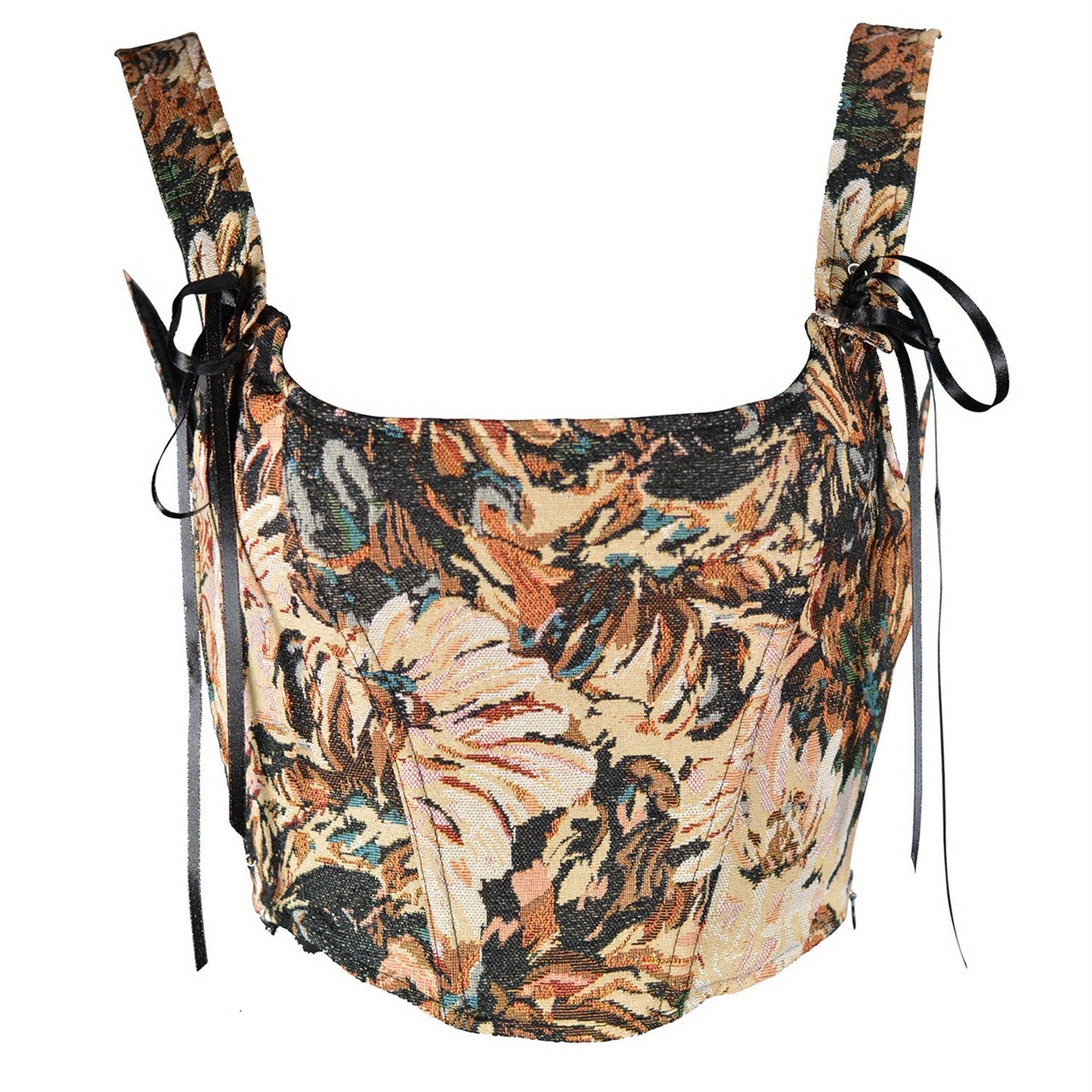 1pc Elegant Off-Shoulder Corset Tank Top for Women - Polyester Knit Fabric, All-Season Floral Slingback Vest with Tie Back Detail, Casual Summer Streetwear