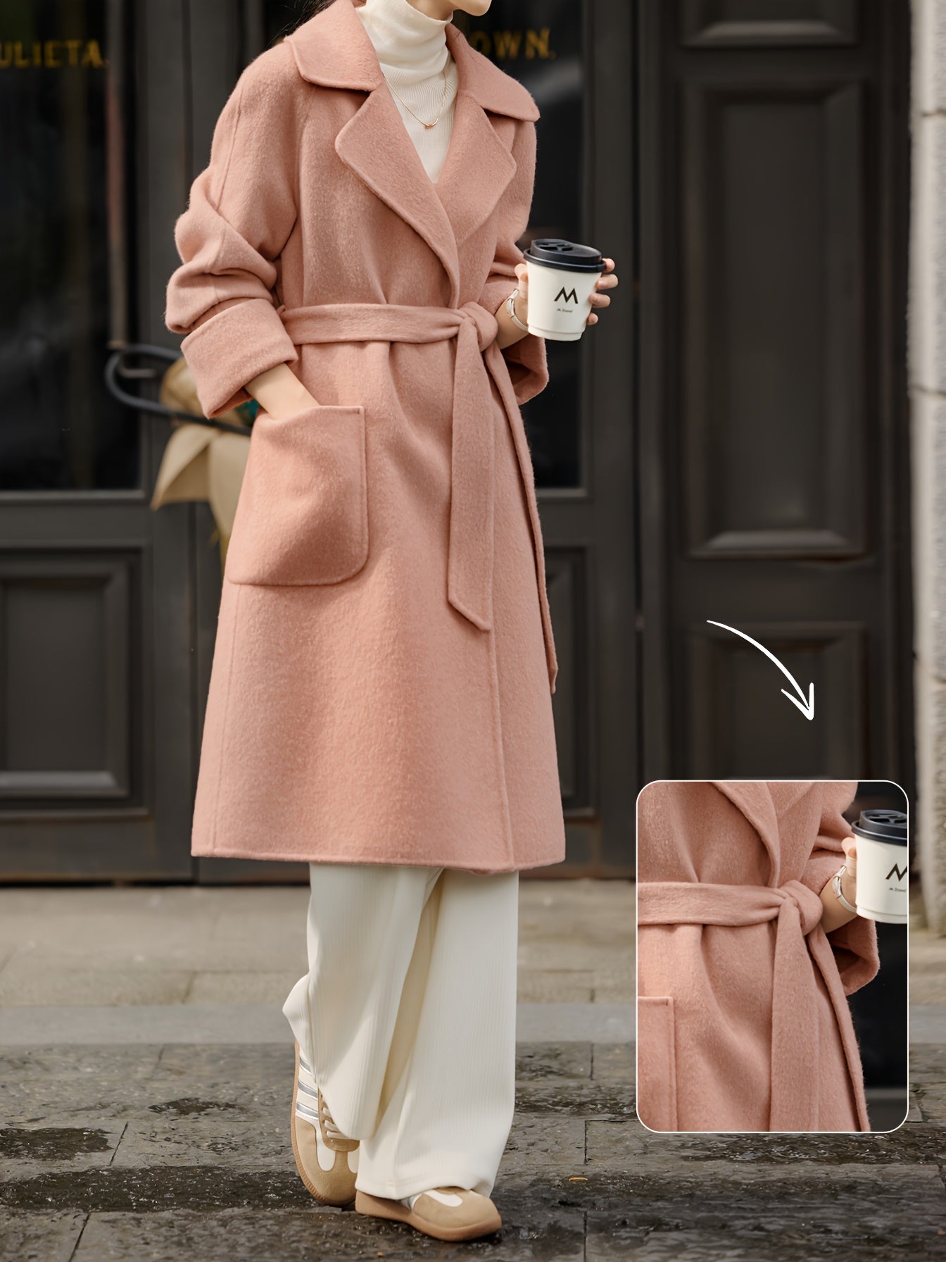 Women'S Wool Blend Long Trench Coat with Tie Waist, Solid Color, Regular Fit, H-Line Silhouette, Double-Breasted, Long Sleeve, Winter Season, Belted, No Padding, Straight Cut Sleeves