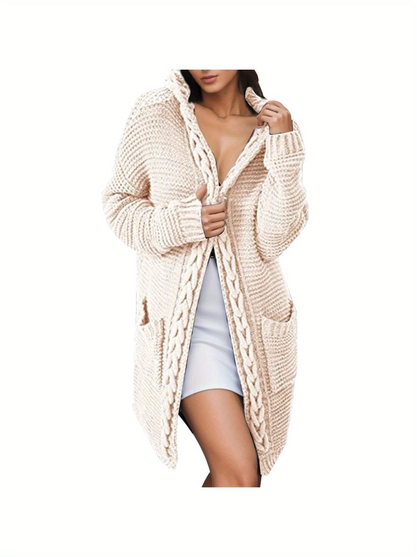Women'S Elegant Cable Hooded Cardigan - Long Sweater Coat with Pockets, Brown, Cozy Fall\u002FWinter Outerwear, Stylish Layering Piece for Casual or Formal Outfits, Sweater Cardigan
