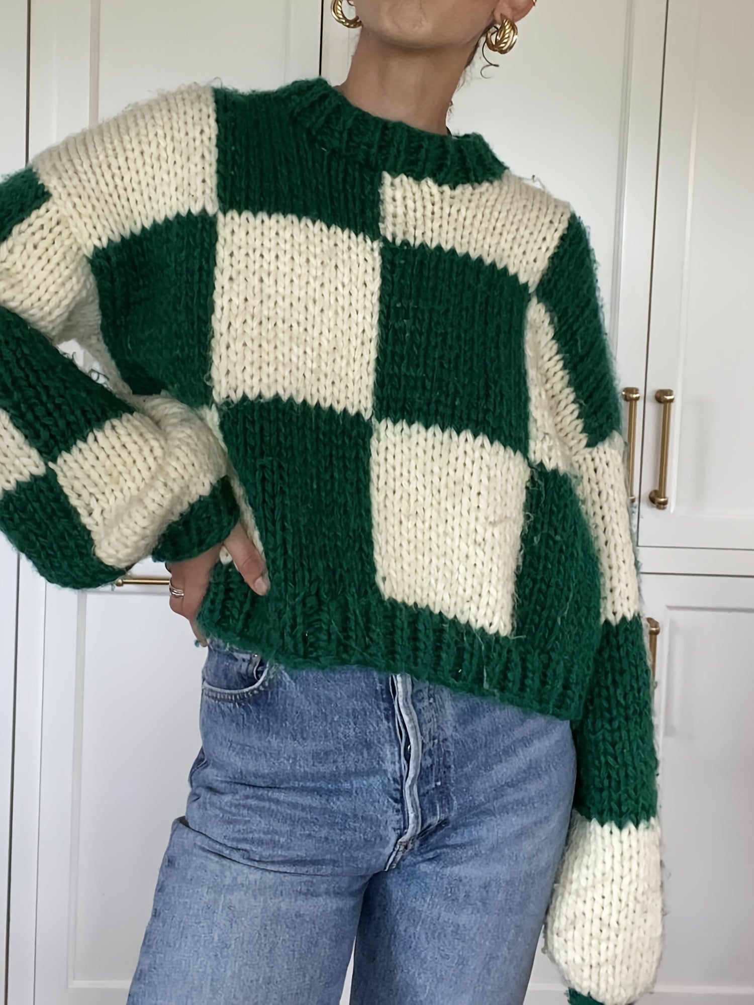 1pc Women'S Cozy Plaid Knit Sweater - Casual Round Neck Long Sleeve Pullover, Polyester Warm Christmas Pattern, Autumn\u002FWinter Basic Knitwear