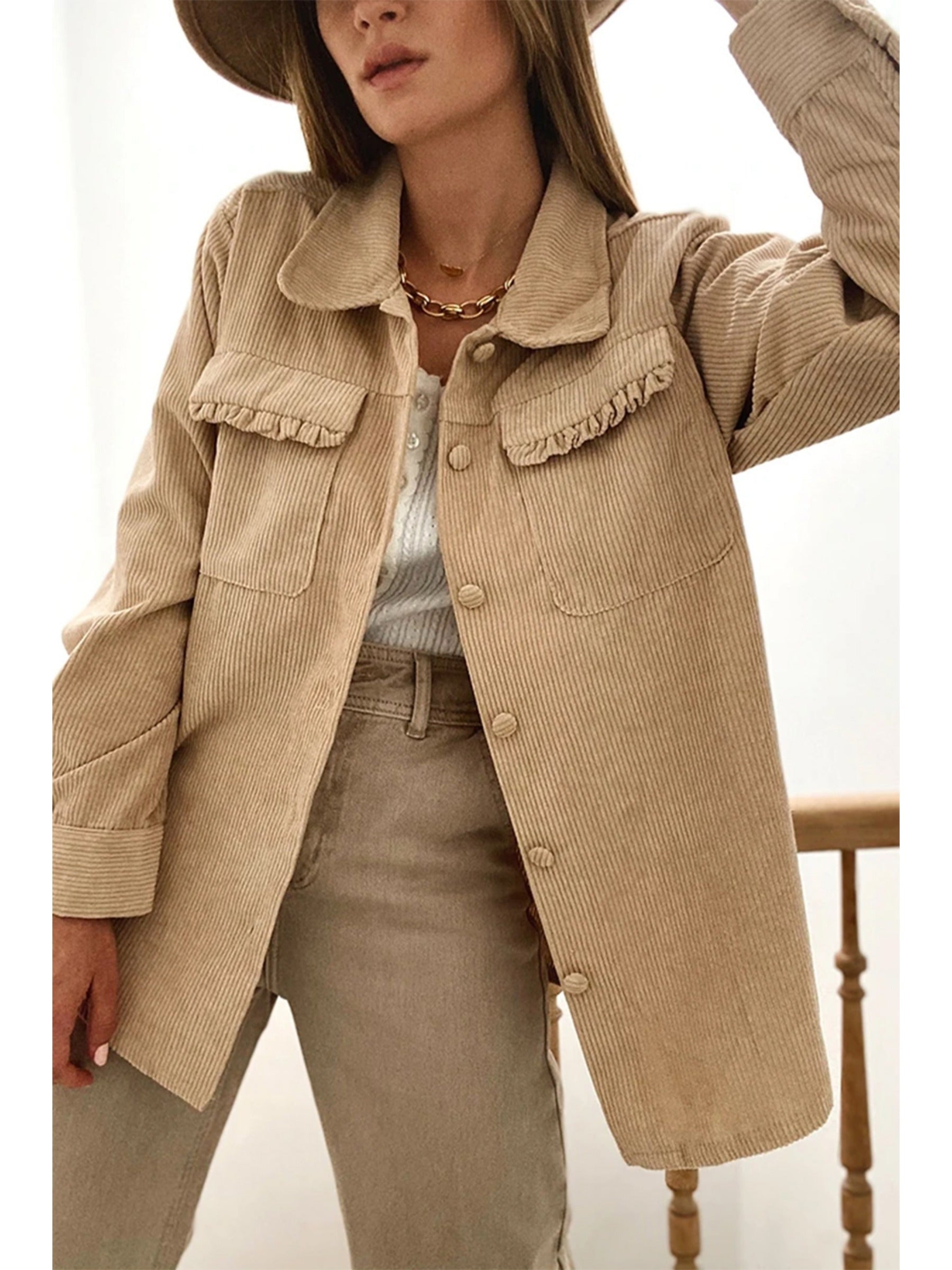 Womens Corduroy Sherpa Jackets Button Long Sleeve Fleece Outwear Coat with Pockets