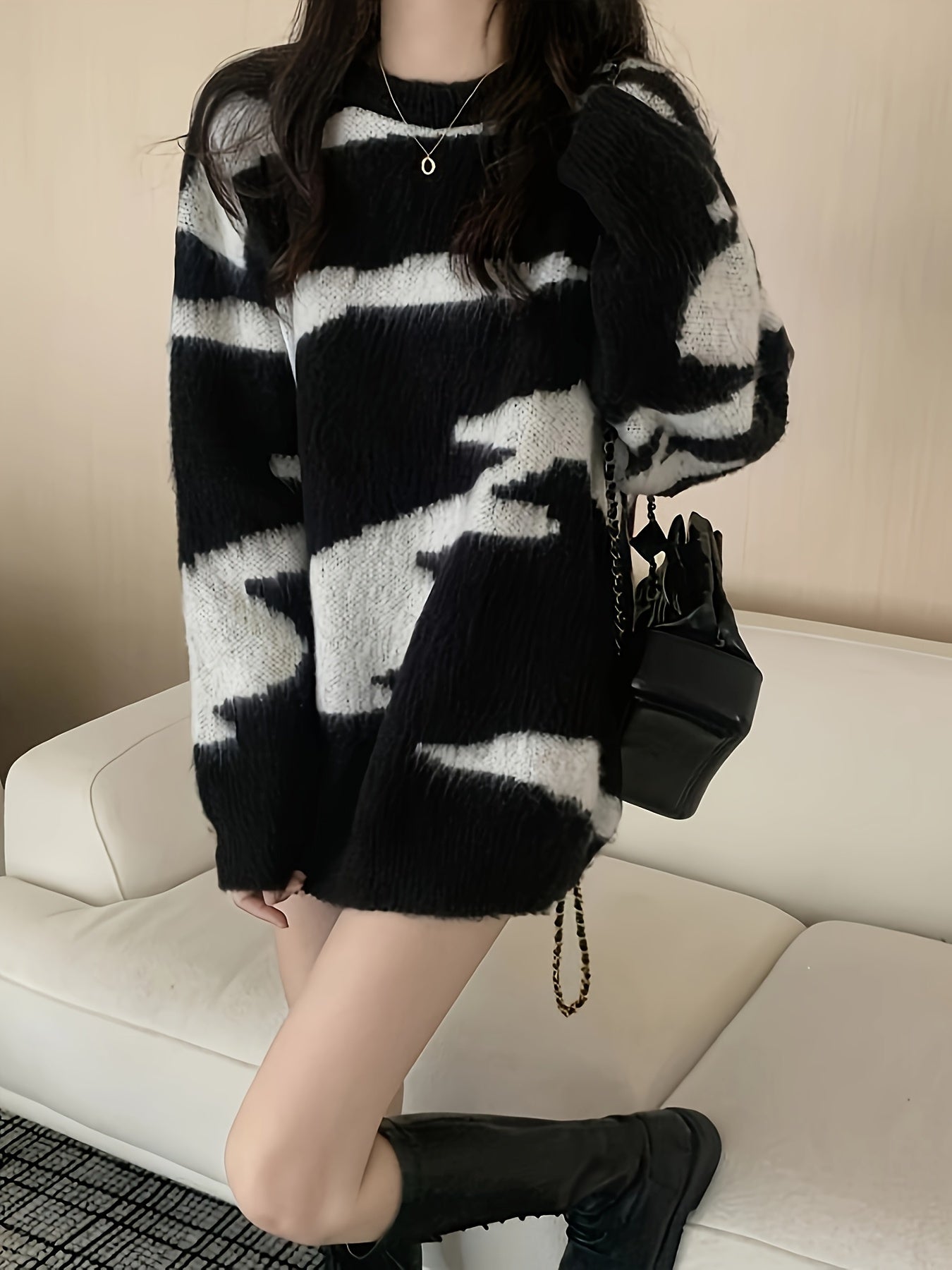 Color Block Zebra Print Plush Sweater - Autumn\u002FWinter Casual Street Fashion Versatile Women's Pullover