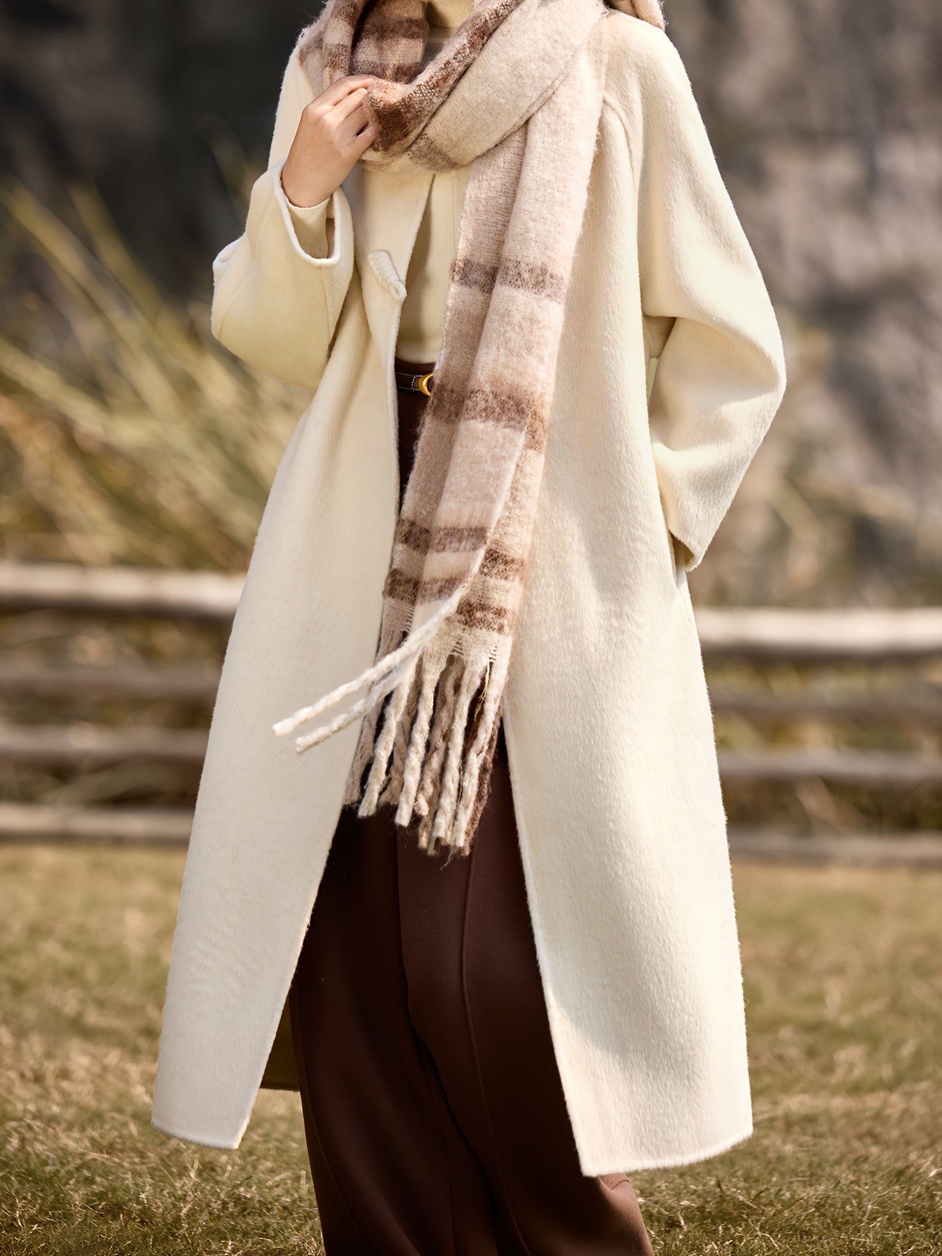 Women's Winter Tweed Coat - Long Alpaca Coat with Pockets, H-Silhouette Regular Fit, Dry Clean Only Elegant Outerwear