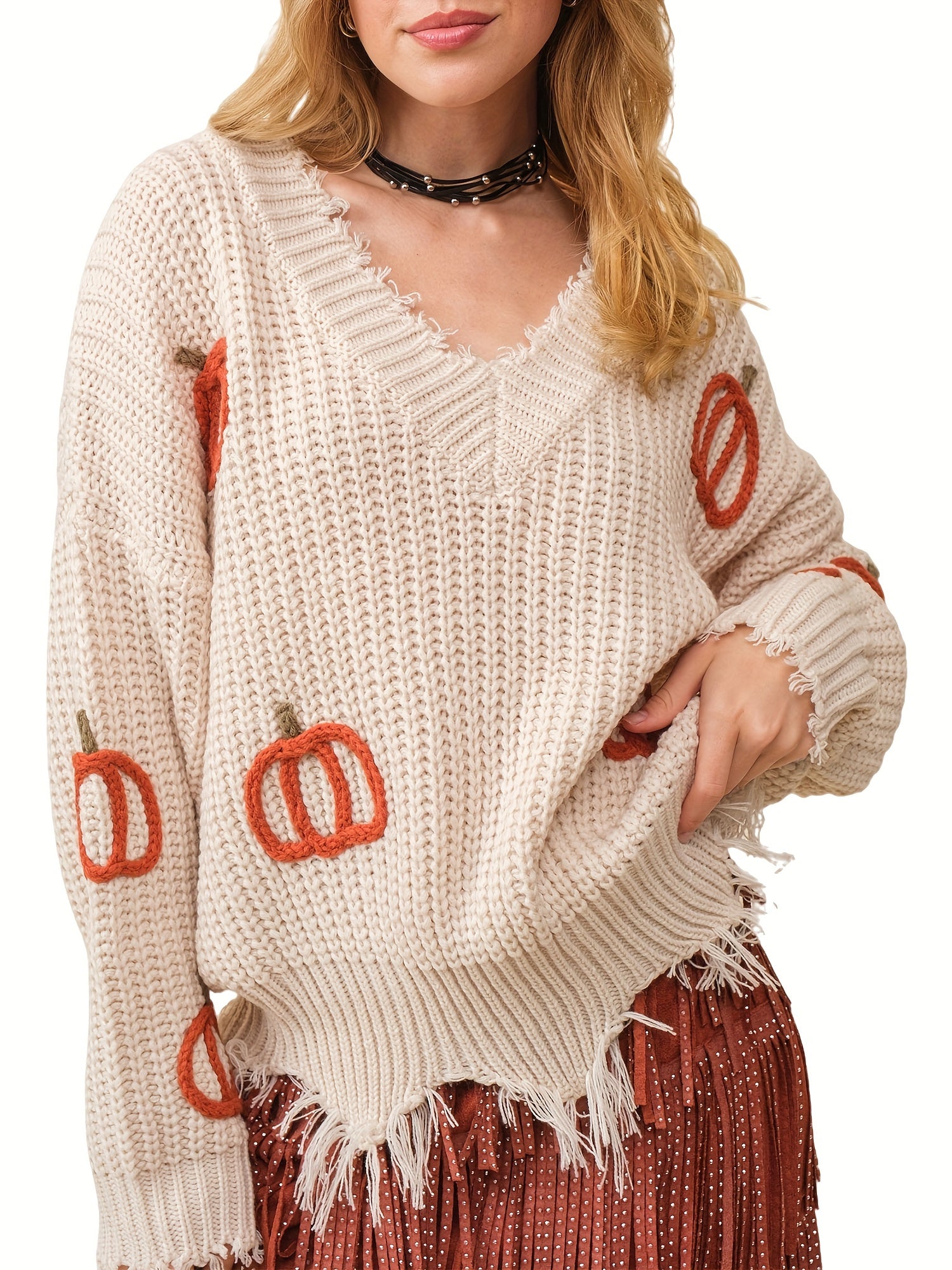 1pc Women'S Casual V-Neck Long Sleeve Pullover Sweater with Pumpkin Pattern, Acrylic Knit Warm Sweater for Fall\u002FWinter