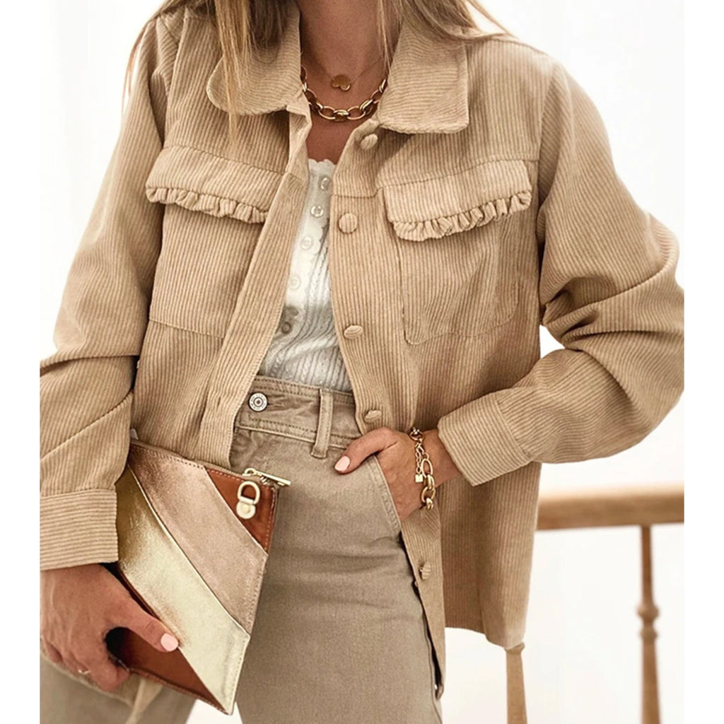 Womens Corduroy Sherpa Jackets Button Long Sleeve Fleece Outwear Coat with Pockets
