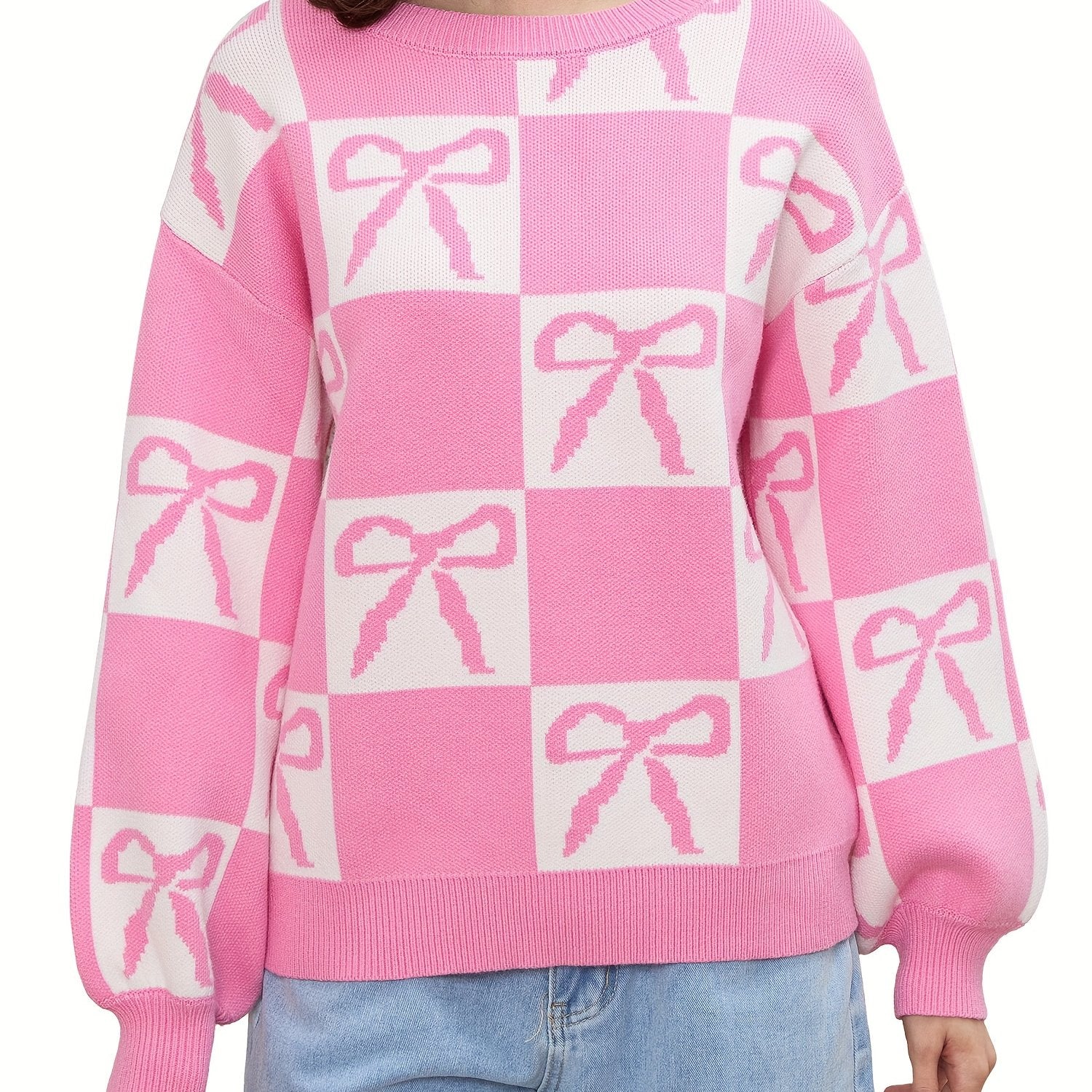 1pc Women'S Casual Crew Neck Knit Sweater - Polyester Long Sleeve Ribbed Top with Checkered Bow Pattern for Fall\u002FWinter