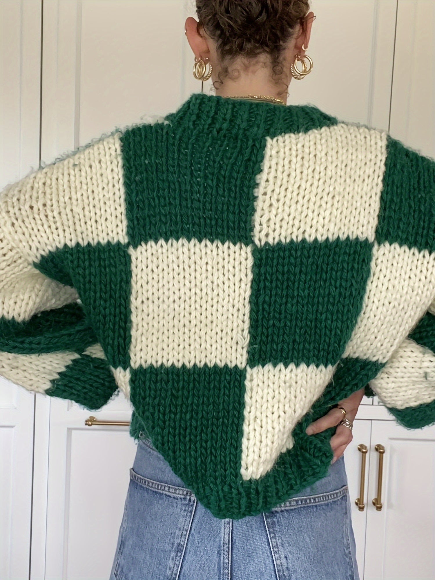 1pc Women'S Cozy Plaid Knit Sweater - Casual Round Neck Long Sleeve Pullover, Polyester Warm Christmas Pattern, Autumn\u002FWinter Basic Knitwear