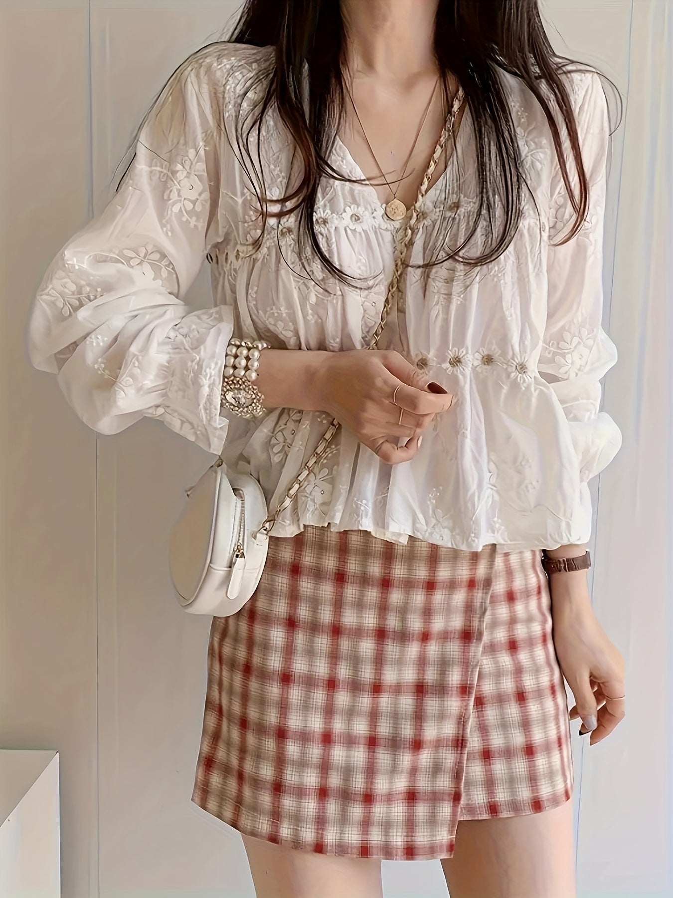Women's Elegant V-Neck Contrast Lace Floral Embroidery Long Sleeve Loose Casual Shirt Top