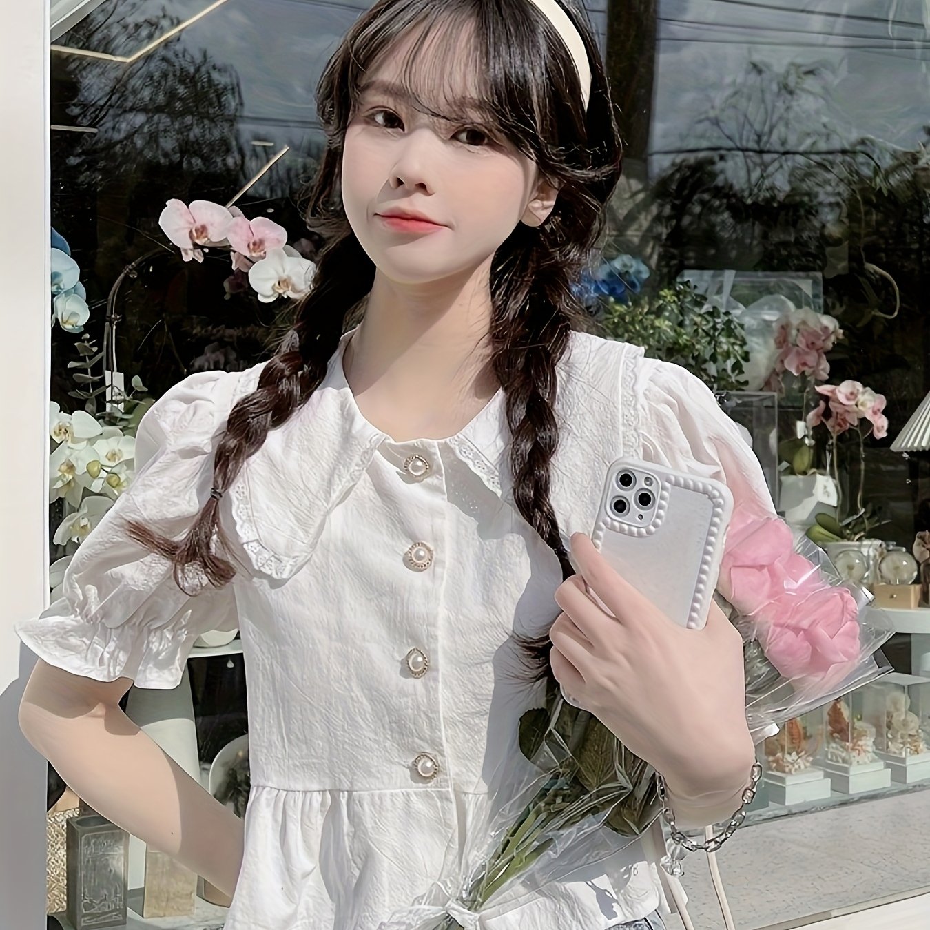 Chic French-Inspired Doll Collar Blouse for Women - Cute Short Sleeve Shirt with Ruffled Cuffs, Button-Up Front, and Flowing Hem, Perfect for Spring & Summer, Machine Washable, White