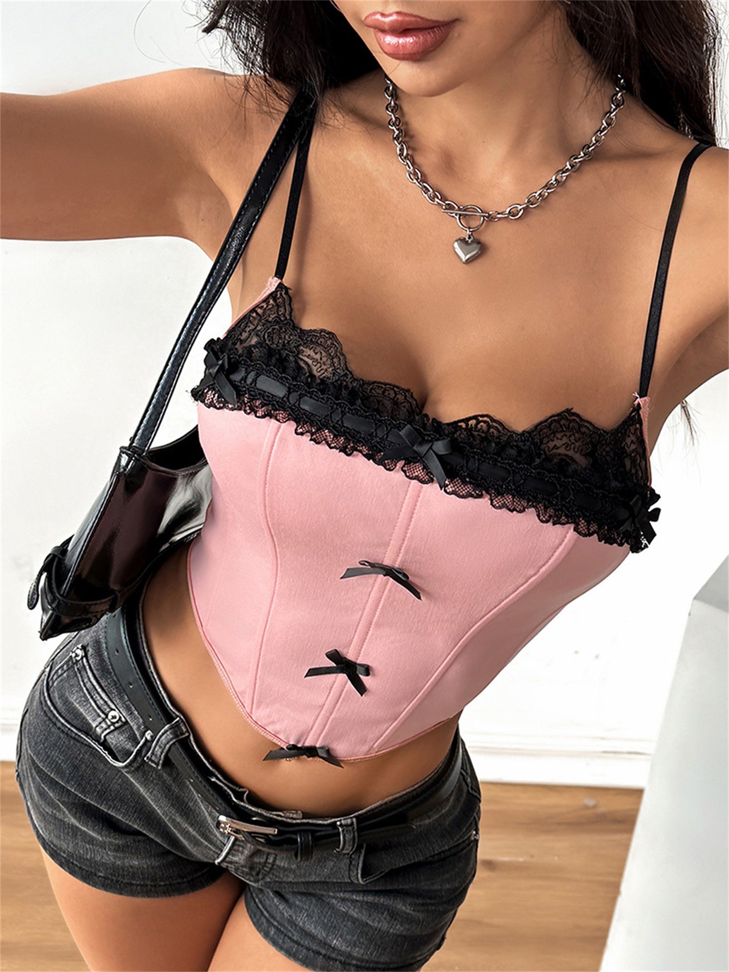 Women'S Sexy Off-Shoulder Lace Trim Camisole Top with 3D Bow Detail - Square Neck Spaghetti Strap Crop Bustier, Black Casual Streetwear for Spring\u002FFall, Spring Fashion | Offshoulder Fashion | Spaghetti Straps