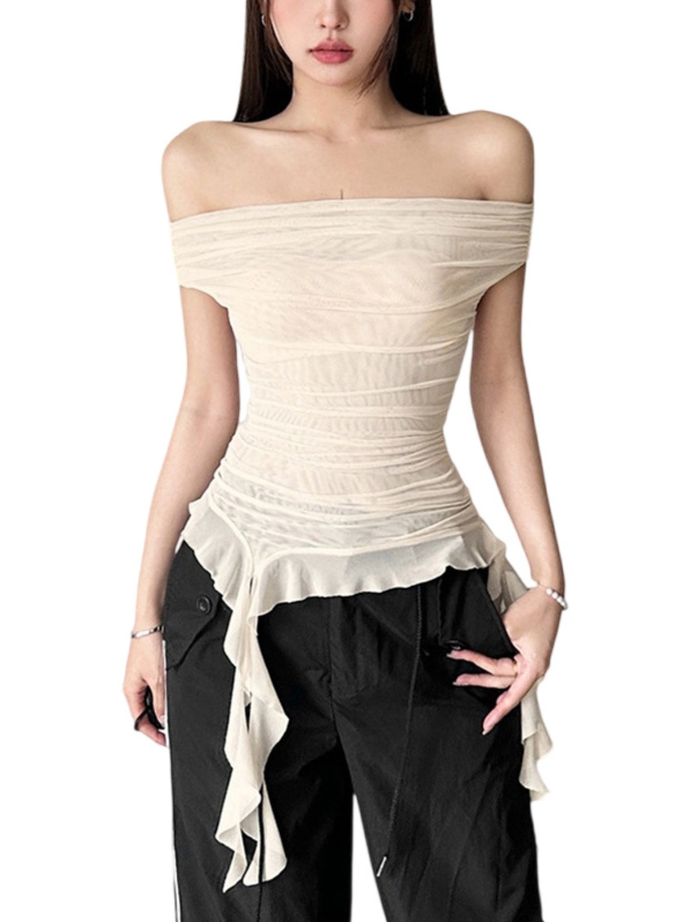 Women Off Shoulder Tops Solid Color Mesh Sheer Boat Neck Casual T-Shirts Summer Ruffles Slim Fit Shirts Streetwear