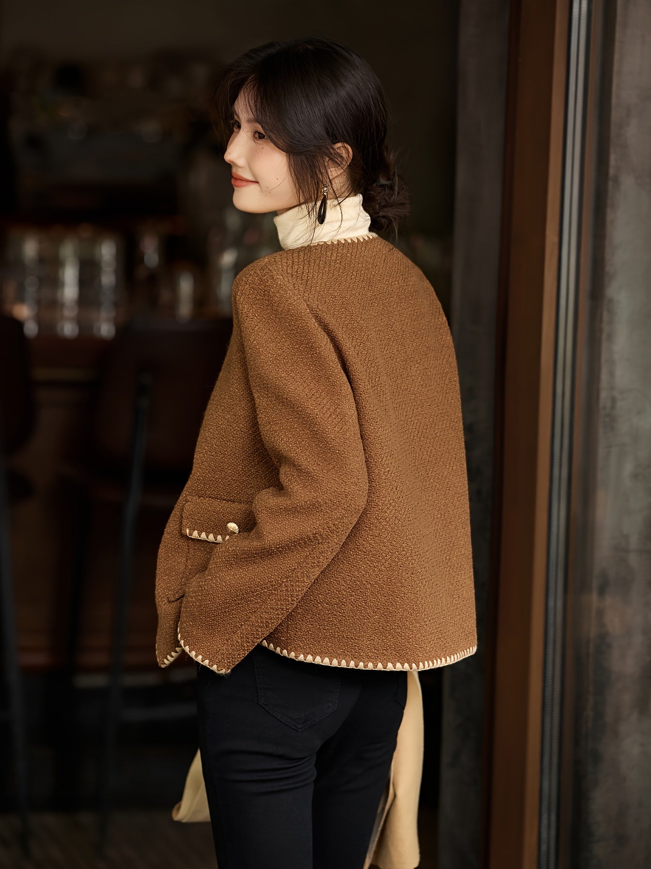 Elegant Polyester Knit Cardigan - Women'S Color Block Long Sleeve Casual Jacket with Contrast Binding, Single Breasted Placket, Non-Stretch Fabric for Fall\u002FWinter Outings
