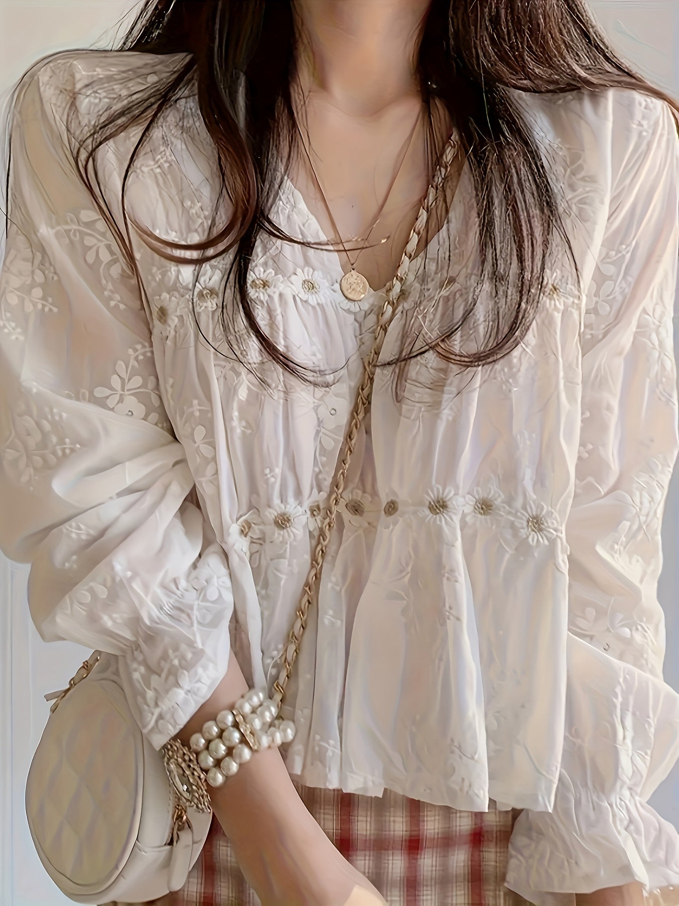 Women's Elegant V-Neck Contrast Lace Floral Embroidery Long Sleeve Loose Casual Shirt Top