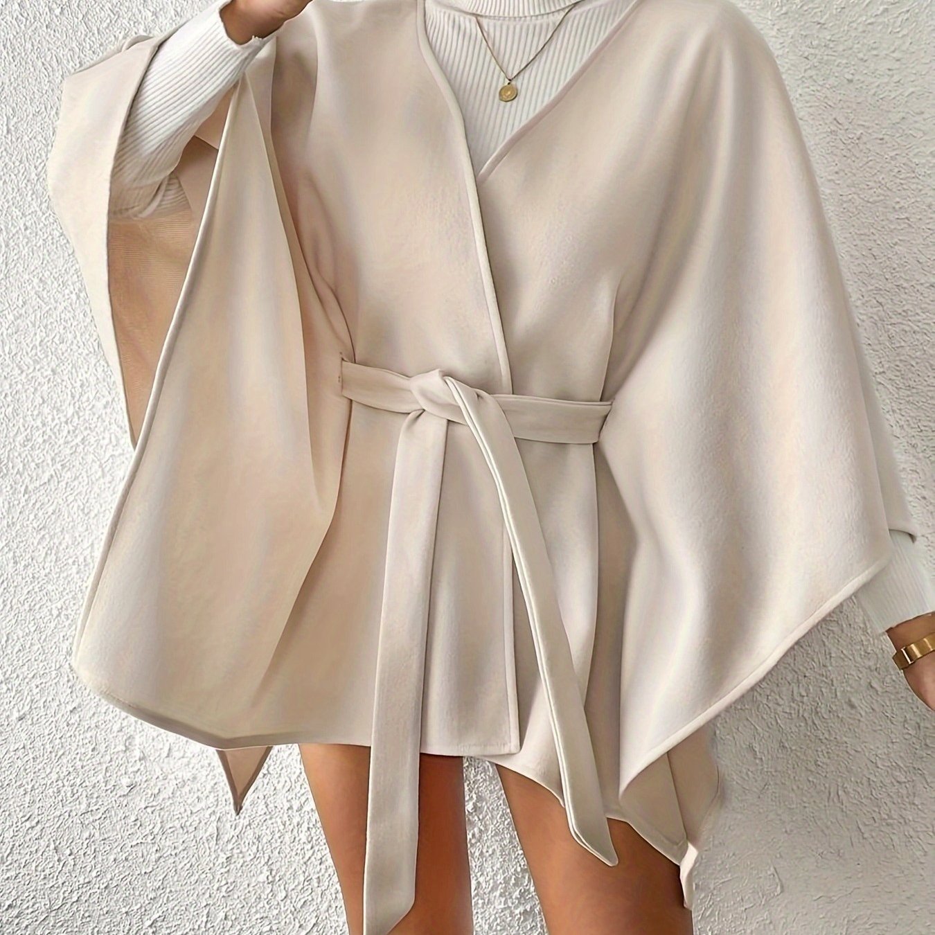 Women's Beige Lace-Up Short Cape Coat - Structured Non-Stretch Machine-Washable Outerwear for Autumn Winter, Chic Commuting & Casual Outfits, Winter Cape Coat, Semiformal Attire, Elegant Design Detail