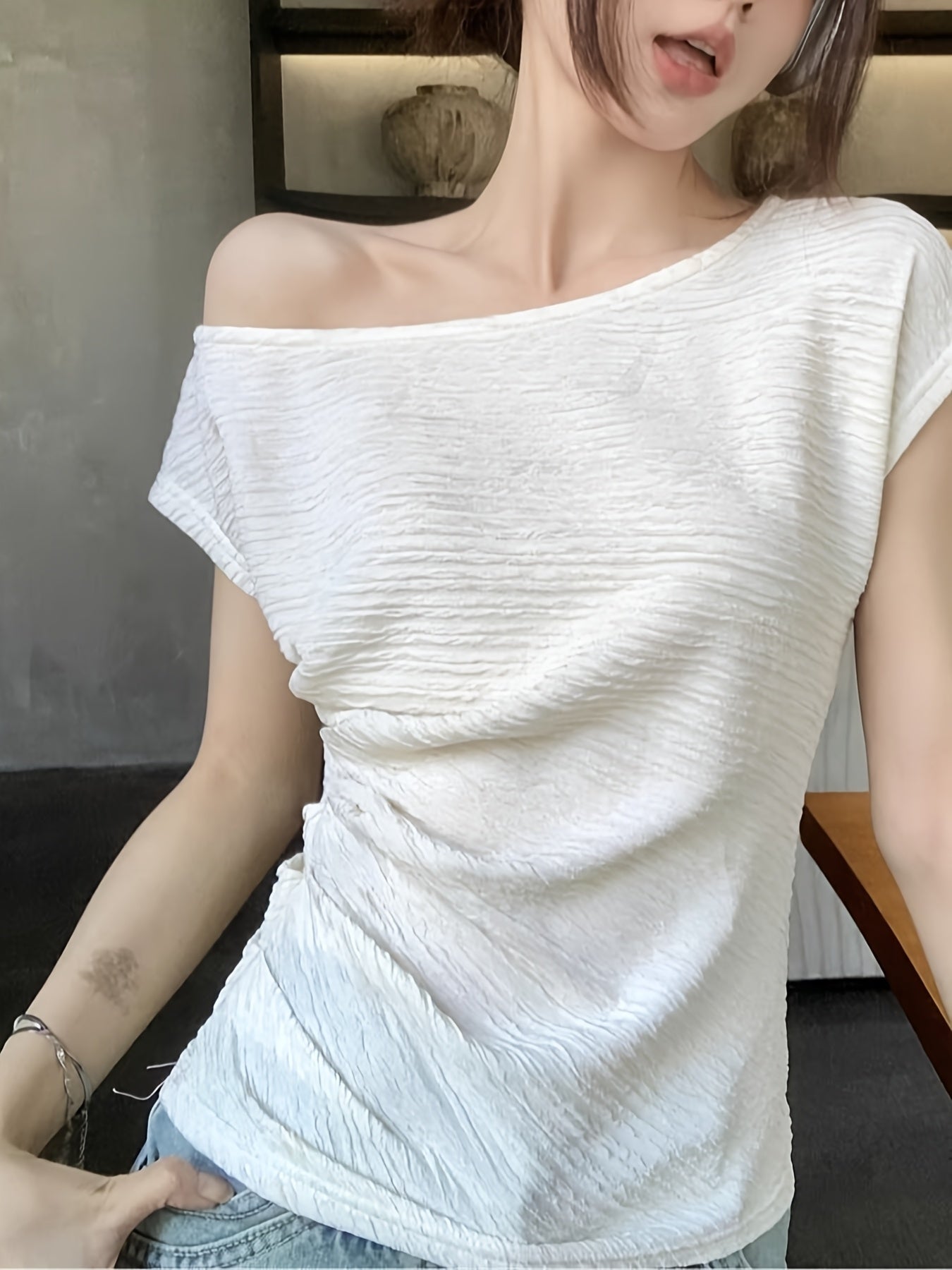 Women'S Off-Shoulder Ribbed Top - Y2K Style, Slim Fit, Short Sleeve, Solid Color, Lightweight & Breathable for Spring\u002FSummer Casual Wear, Spring Summer Apparel | Y2K Fashion | Glossy Texture