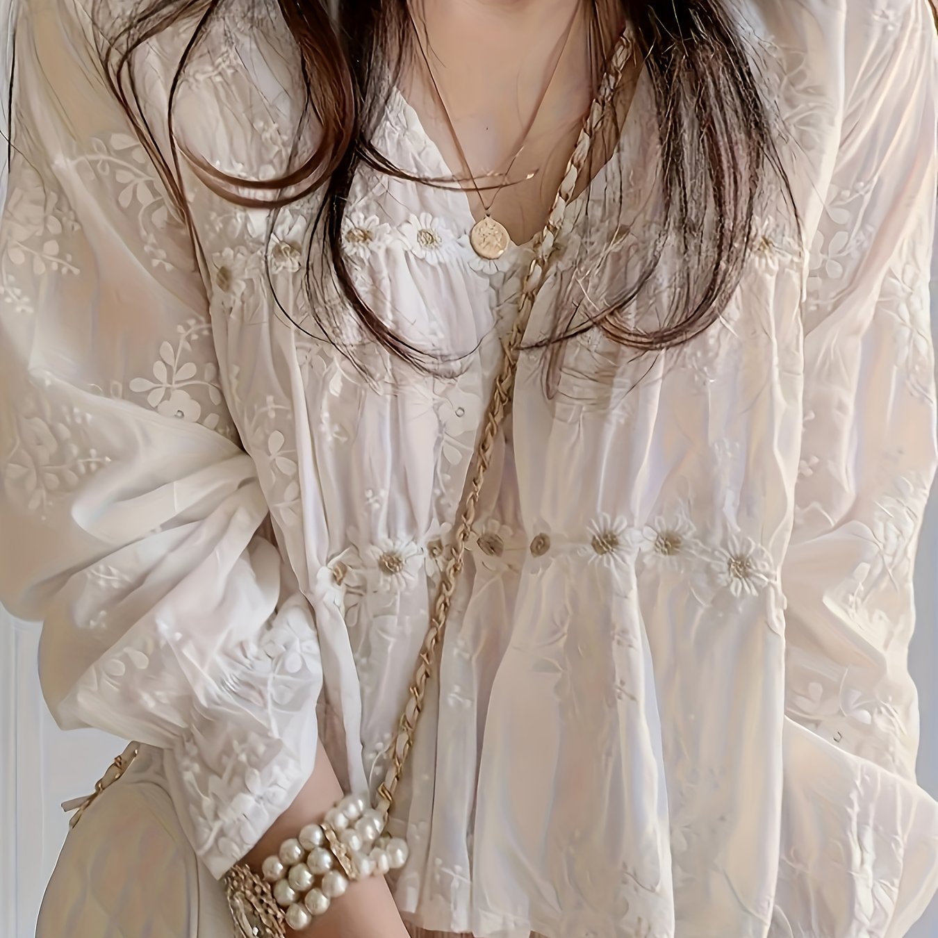 Women's Elegant V-Neck Contrast Lace Floral Embroidery Long Sleeve Loose Casual Shirt Top
