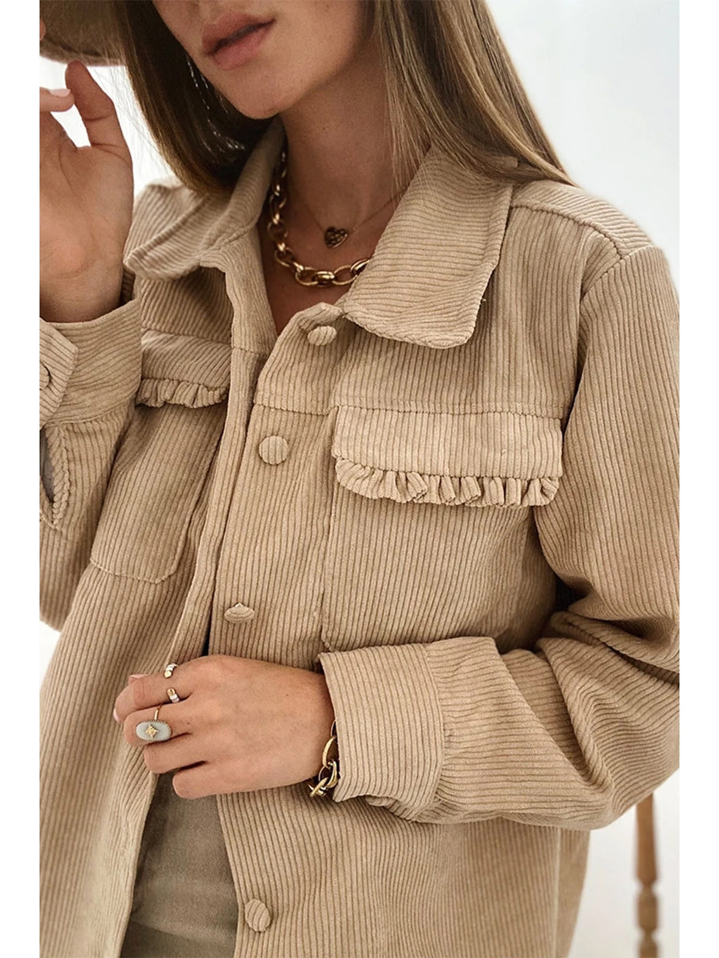 Womens Corduroy Sherpa Jackets Button Long Sleeve Fleece Outwear Coat with Pockets