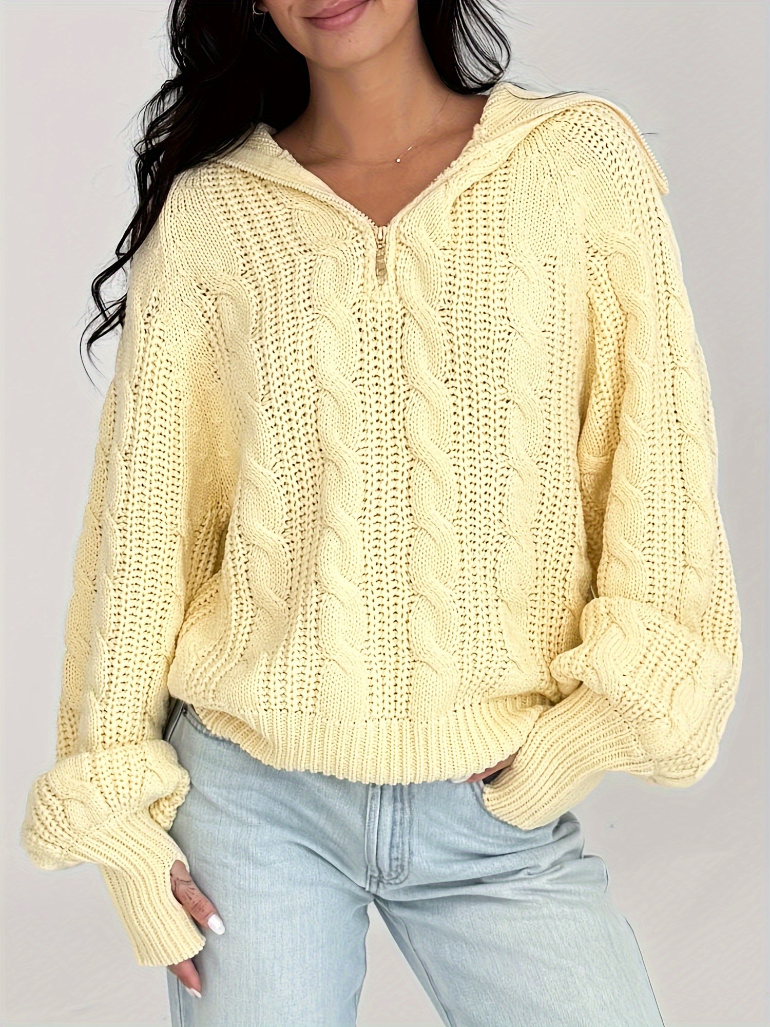 1pc Women'S Casual Cotton Cable Knit Sweater - Fall\u002FWinter Solid Color Long Sleeve Pullover with Sailor Collar and Zipper Detail