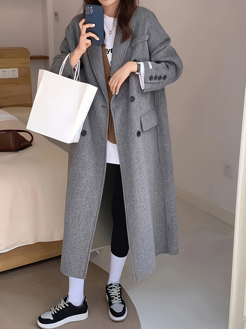 Autumn\Winter Casual Double-Breasted Over-the-Knee Long Coat, Seasonal Fashion, Autumn Coat, Classic Style, Elegant Design, Structured Fit, Nonstretch Fabric, Outerwear Piece, Kneelength Jacket, Daily Wear, Fashion Lovers