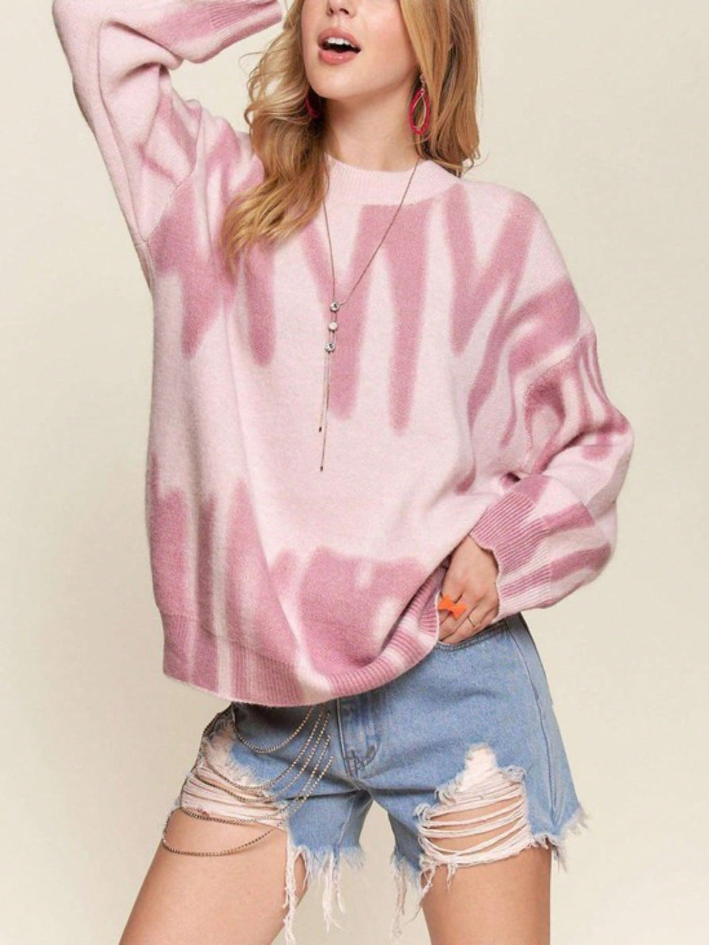 Womens Casual Pullover Sweater Chic Oversized Tie Dye Design Knit Top Fashion Loose Fit Round Neck Long Balloon Sleeve Fashion Street Style Pink Ombre Pattern Fall Winter Daily Wear