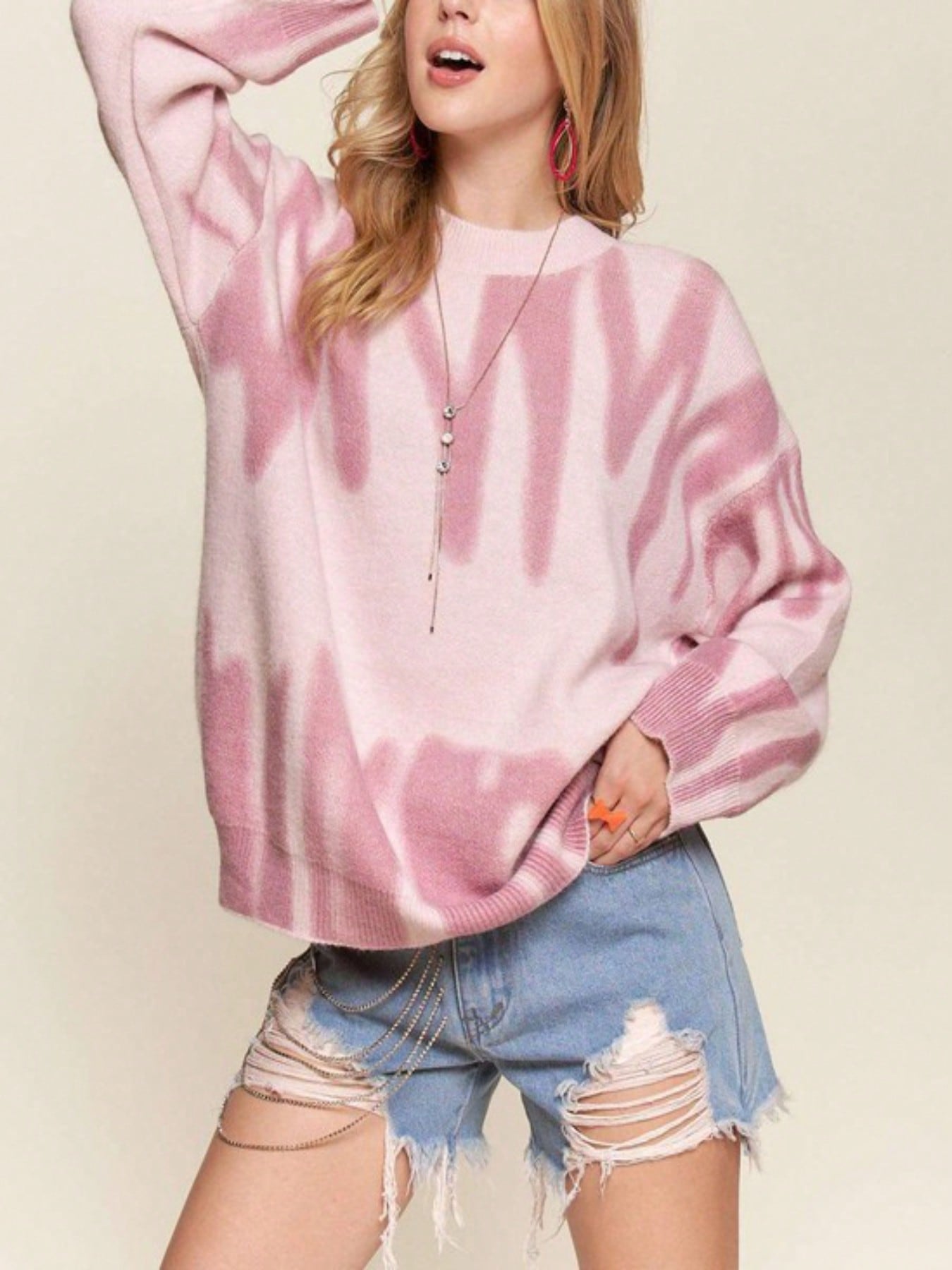Womens Casual Pullover Sweater Chic Oversized Tie Dye Design Knit Top Fashion Loose Fit Round Neck Long Balloon Sleeve Fashion Street Style Pink Ombre Pattern Fall Winter Daily Wear