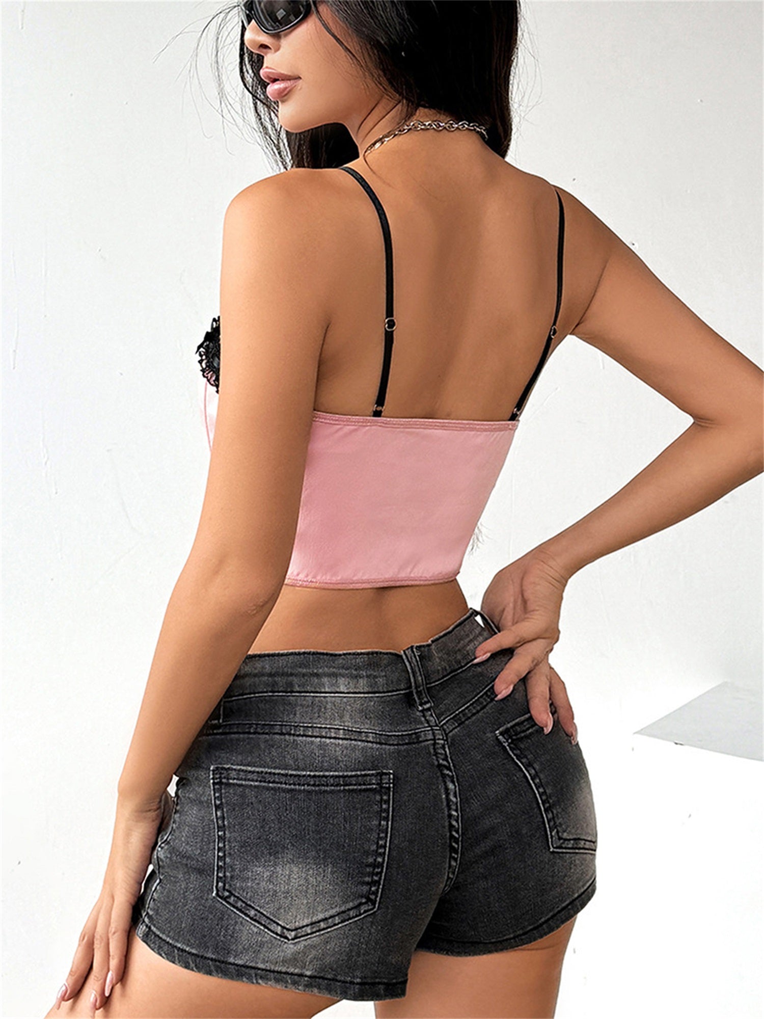 Women'S Sexy Off-Shoulder Lace Trim Camisole Top with 3D Bow Detail - Square Neck Spaghetti Strap Crop Bustier, Black Casual Streetwear for Spring\u002FFall, Spring Fashion | Offshoulder Fashion | Spaghetti Straps