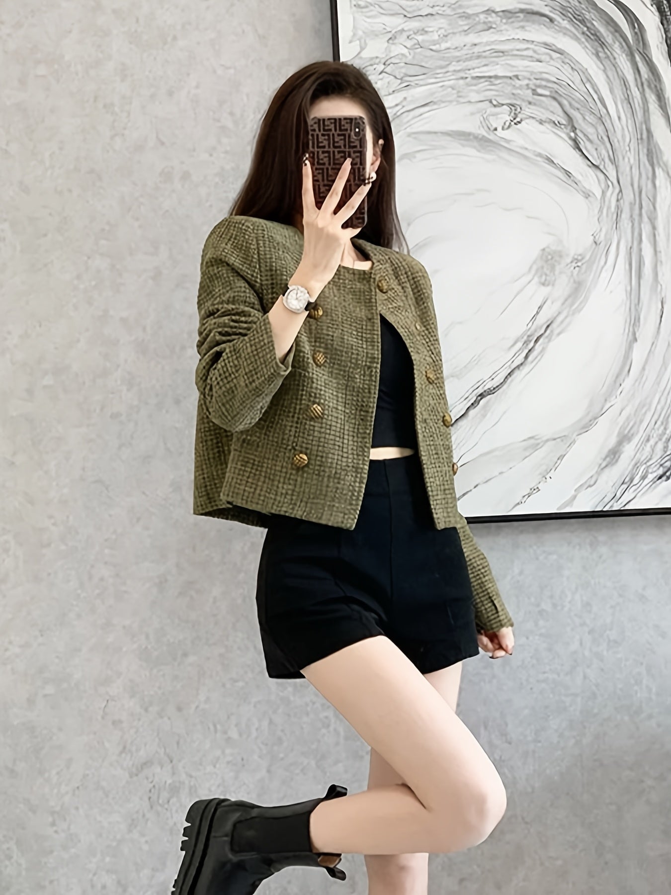 Women's French-Inspired Elegant Style Jacket - Retro Tweed Short Coat with Golden-Tone Buttons, Structured Round Neck & Machine Washable - All-Season Versatile Outerwear for Petite Women (Casual to Formal Events) - Vintage-Inspired Women's Fashion