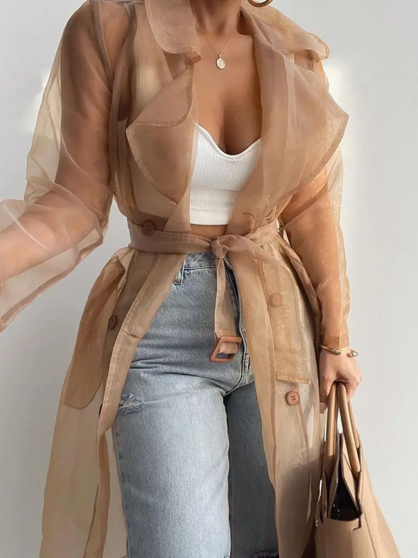 Women'S Elegant Solid Color Double-Breasted Belt Trench Coat Jacket - Long Sleeves, Button- Shirt, Spring Jacket with Golden Buttons, Casual Fashion Style, Regular Fit, Spring Jacket|Y2K Style Jacket|Durable Jacket