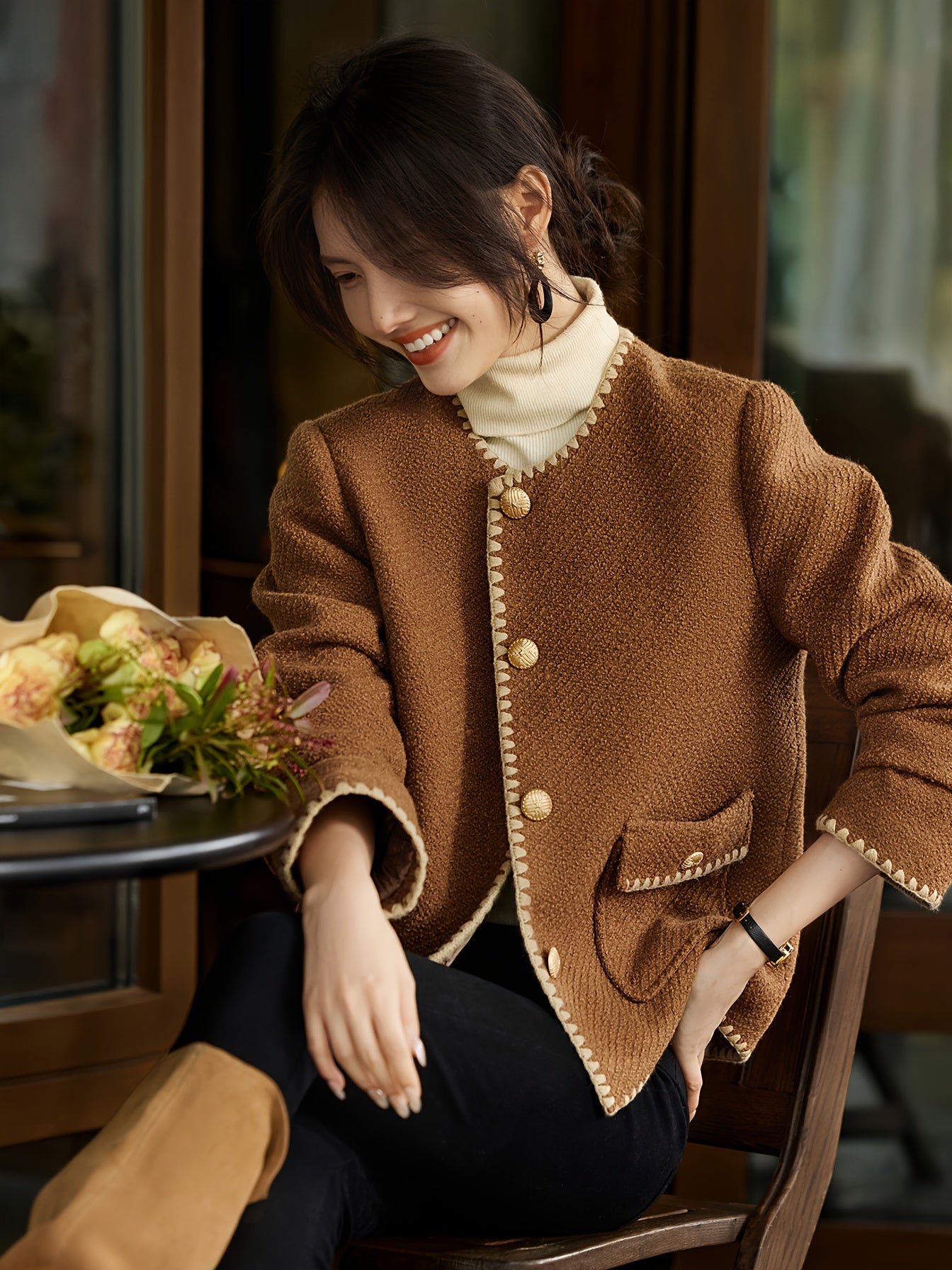Elegant Polyester Knit Cardigan - Women'S Color Block Long Sleeve Casual Jacket with Contrast Binding, Single Breasted Placket, Non-Stretch Fabric for Fall\u002FWinter Outings