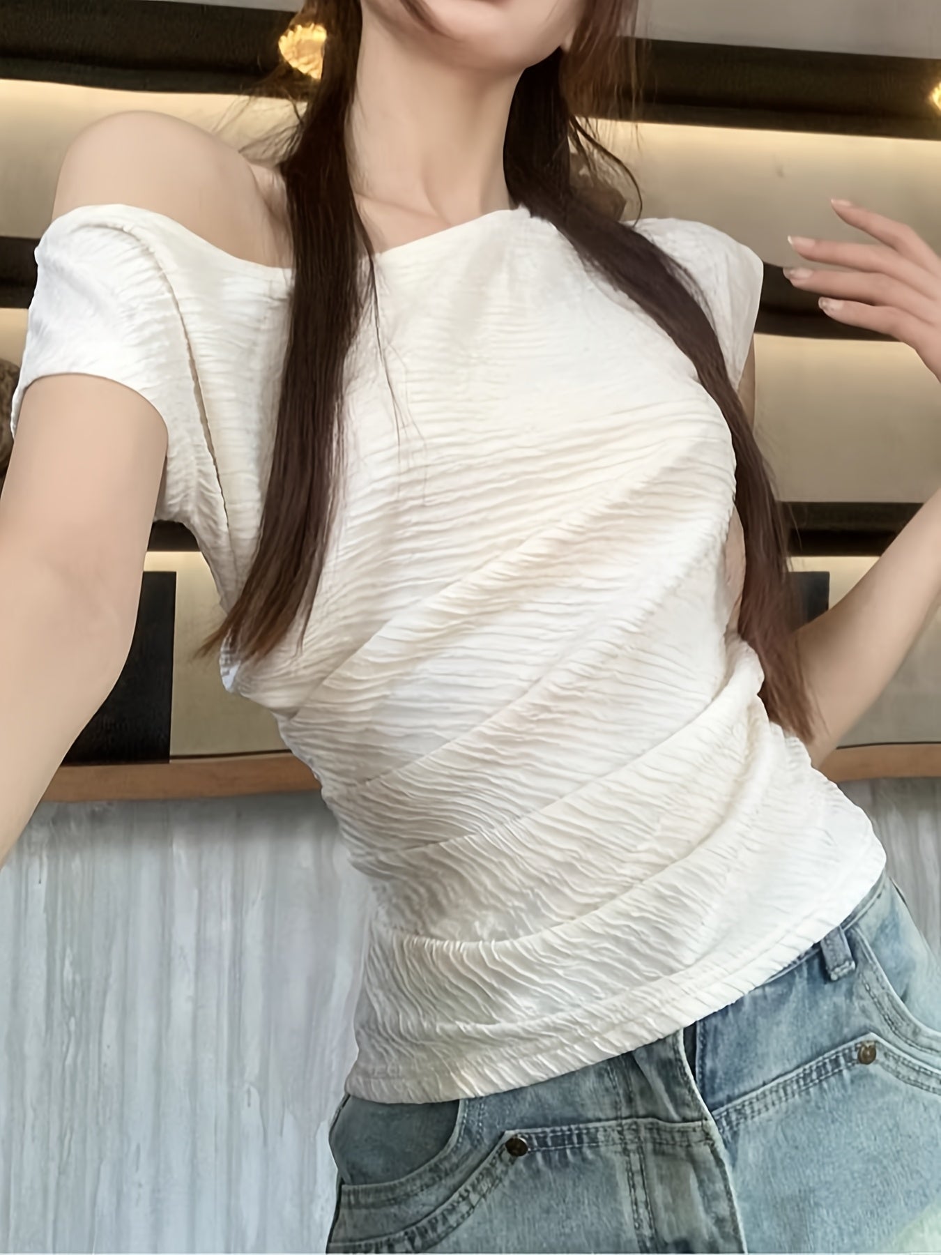 Women'S Off-Shoulder Ribbed Top - Y2K Style, Slim Fit, Short Sleeve, Solid Color, Lightweight & Breathable for Spring\u002FSummer Casual Wear, Spring Summer Apparel | Y2K Fashion | Glossy Texture