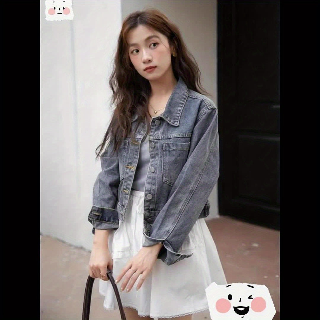 Women's Vintage Washed Denim Jacket, Lightweight Non-Stretch Machine Washable Short Casual Denim Jacket with Pockets And Buttons Design, Spring And Fall Casual Outwear - Fashionable And Trendy Denim Jacket for All Occasions
