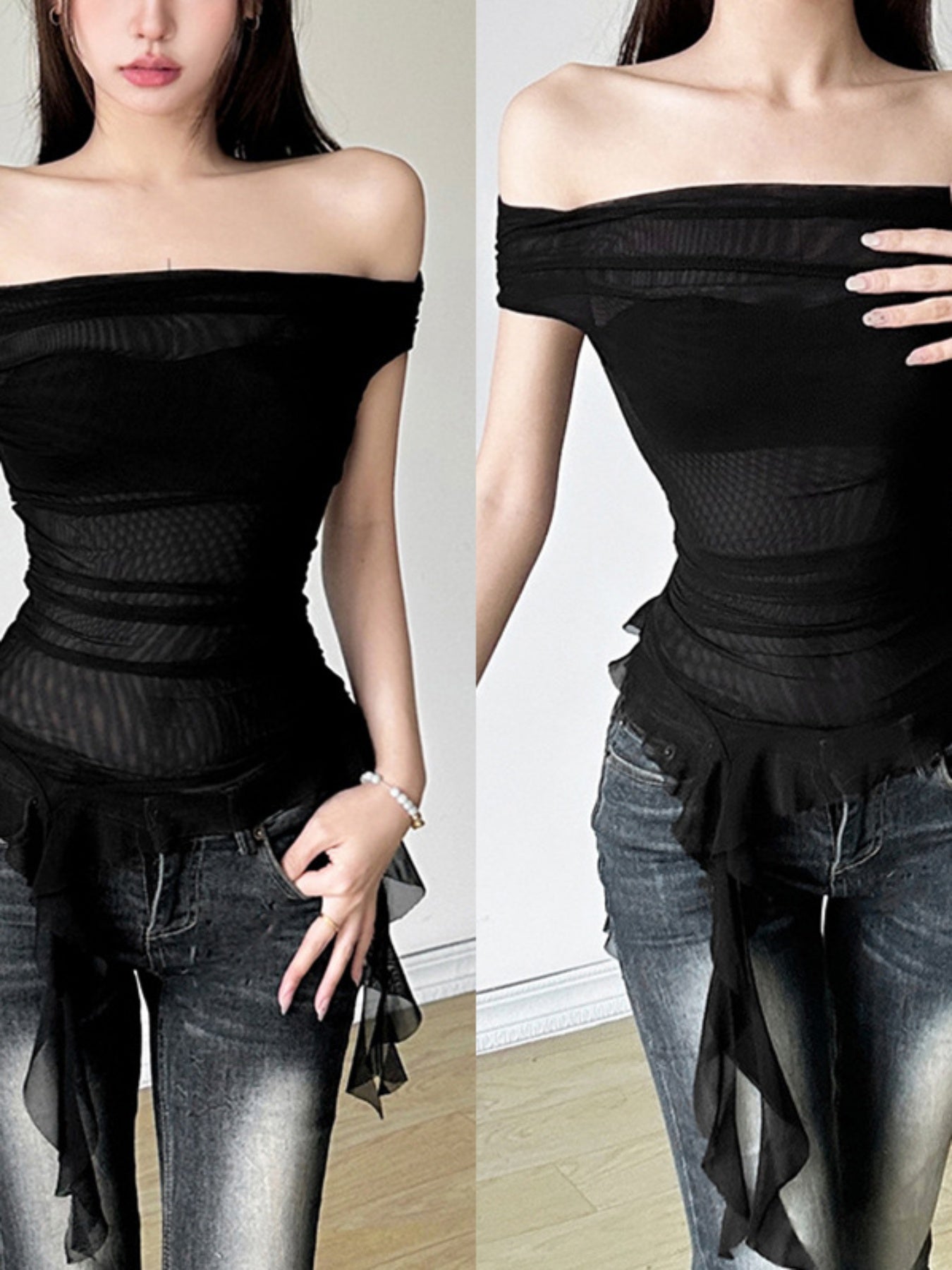 Women Off Shoulder Tops Solid Color Mesh Sheer Boat Neck Casual T-Shirts Summer Ruffles Slim Fit Shirts Streetwear